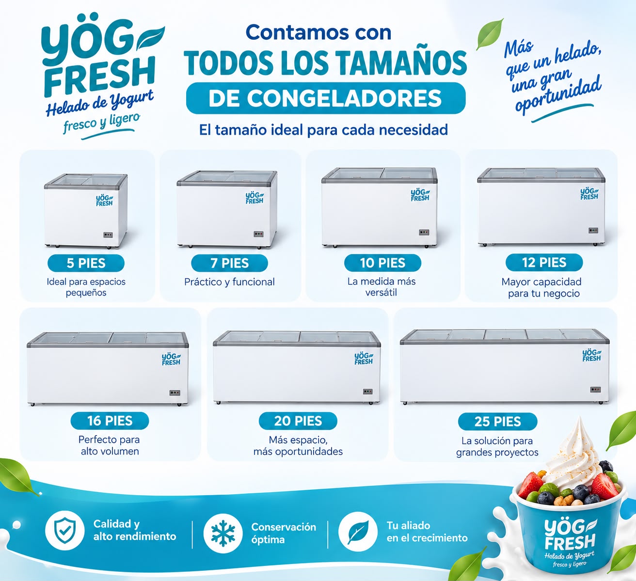 Catálogo de congeladores Yög Fresh de 5, 7, 10, 12, 16, 20 y 25 pies con todos los tamaños disponibles