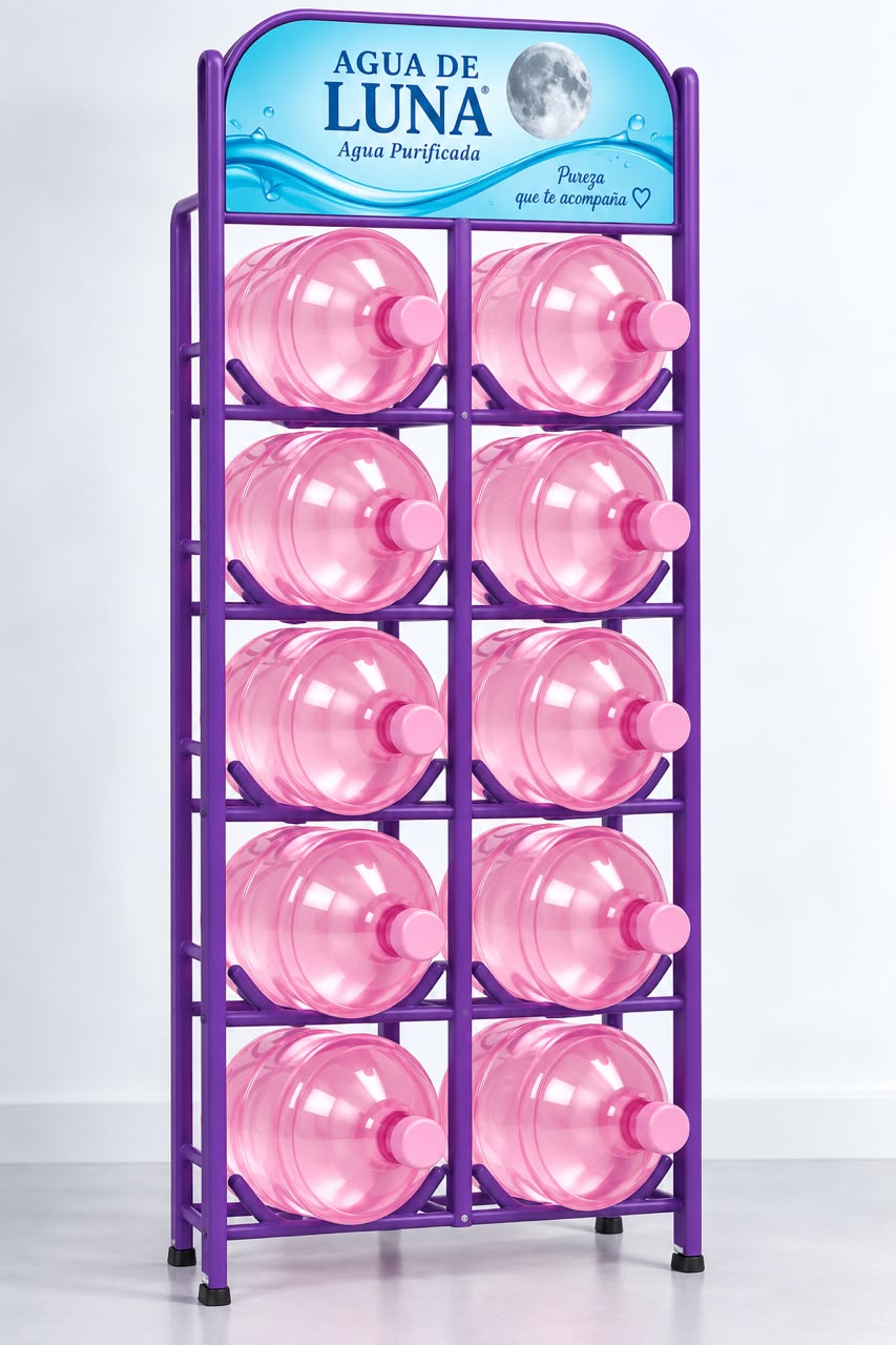 Portagarrafones Agua de Luna con capacidad para diez garrafones rosas