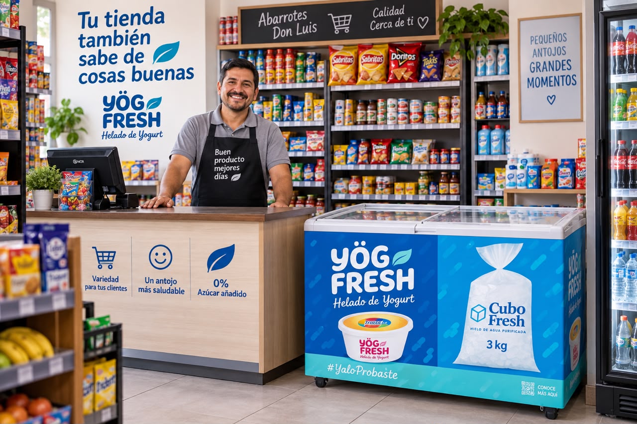 Tienda de abarrotes con congelador y productos Yög Fresh