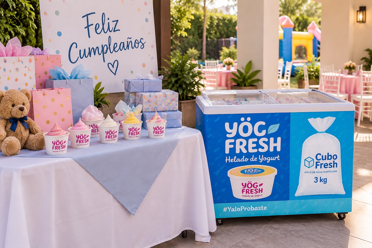 Mesa de cumpleaños con vasitos y congelador Yög Fresh